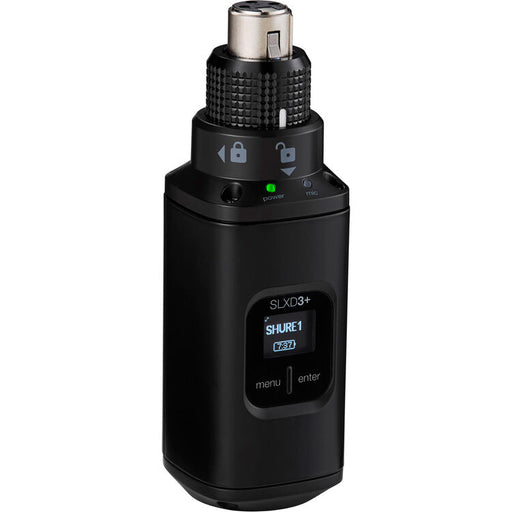 Shure SLXD3+ digital wireless plug-on transmitter for XLR microphones and professional field audio applications.