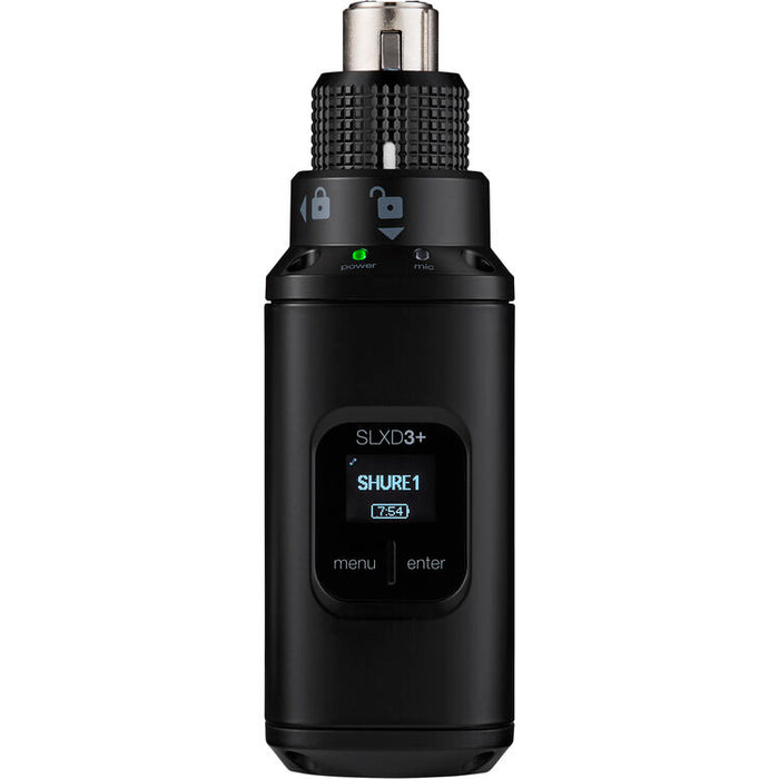 Shure SLXD35+ digital camera-mount wireless plug-on transmitter system with portable receiver for broadcast and field production.