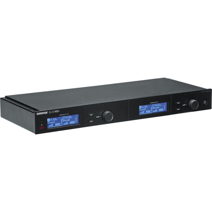 Shure SLXD4Q+ quad-channel digital wireless receiver for professional multi-channel SLX-D wireless systems.
