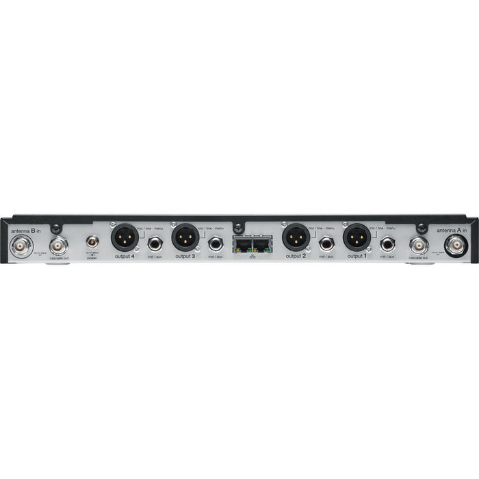 Shure SLXD4Q+ quad-channel digital wireless receiver for professional multi-channel SLX-D wireless systems.