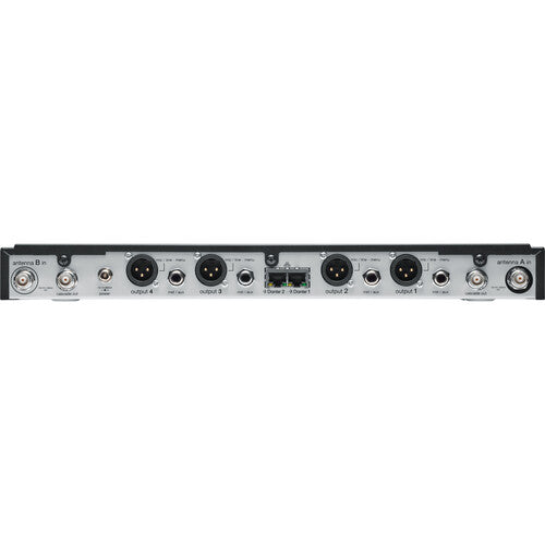 Shure SLXD4QDAN+ quad-channel digital wireless receiver with Dante networking for professional multi-channel wireless audio systems.