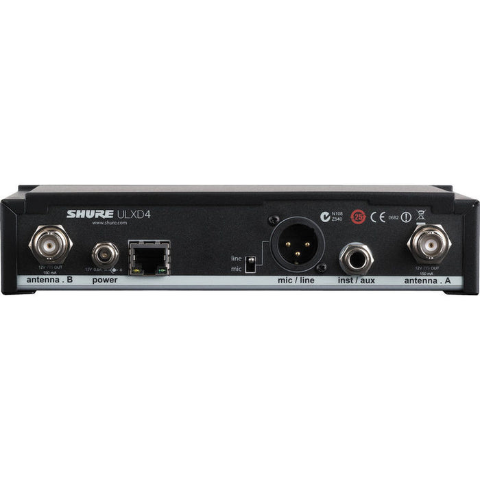 Shure ULXD4-G50 single-channel digital wireless receiver for professional audio with Dante networking and 470–534 MHz frequency range