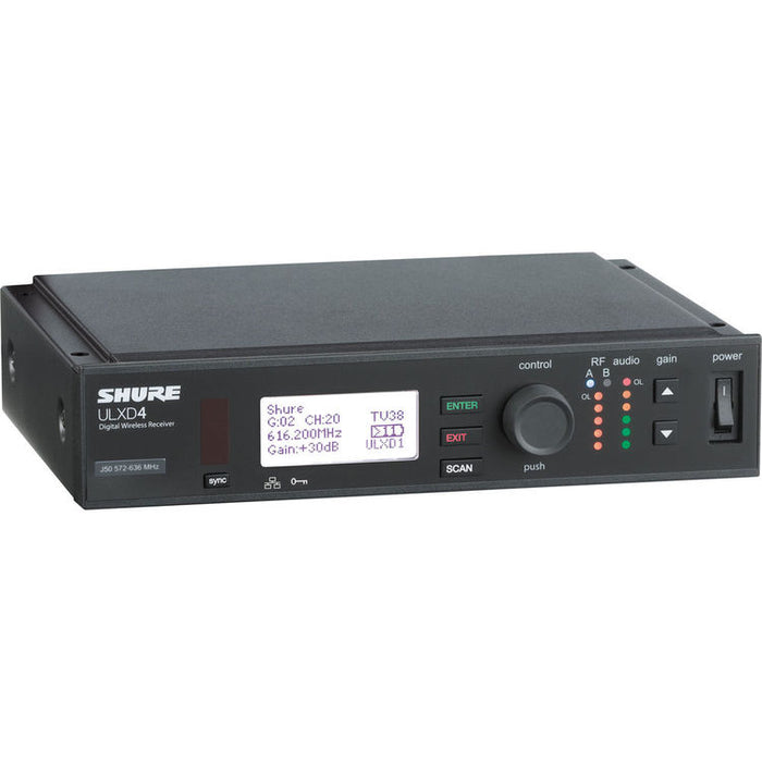 Shure ULXD4-H50 single-channel digital wireless receiver with Dante networking and 534–598 MHz frequency range for professional audio systems