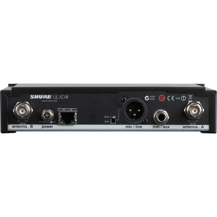 Shure ULXD4-H50 single-channel digital wireless receiver with Dante networking and 534–598 MHz frequency range for professional audio systems