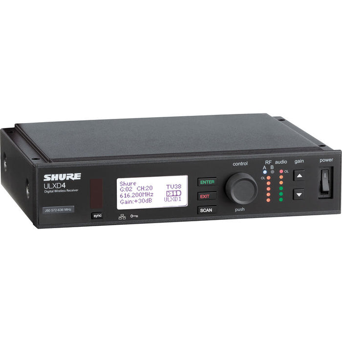 Shure ULXD4-X52 single-channel digital wireless receiver with Dante networking operating in the 902–928 MHz ISM band for professional AV