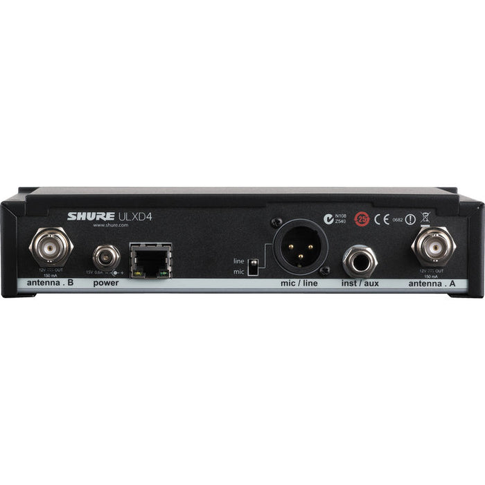 Shure ULXD4-X52 single-channel digital wireless receiver with Dante networking operating in the 902–928 MHz ISM band for professional AV