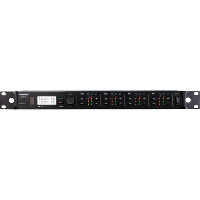 Shure ULXD4Q-G57 quad-channel digital wireless receiver with Dante networking for professional broadcast and AV systems