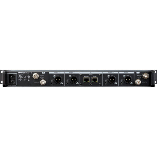 Shure ULXD4Q-G57 quad-channel digital wireless receiver with Dante networking for professional broadcast and AV systems