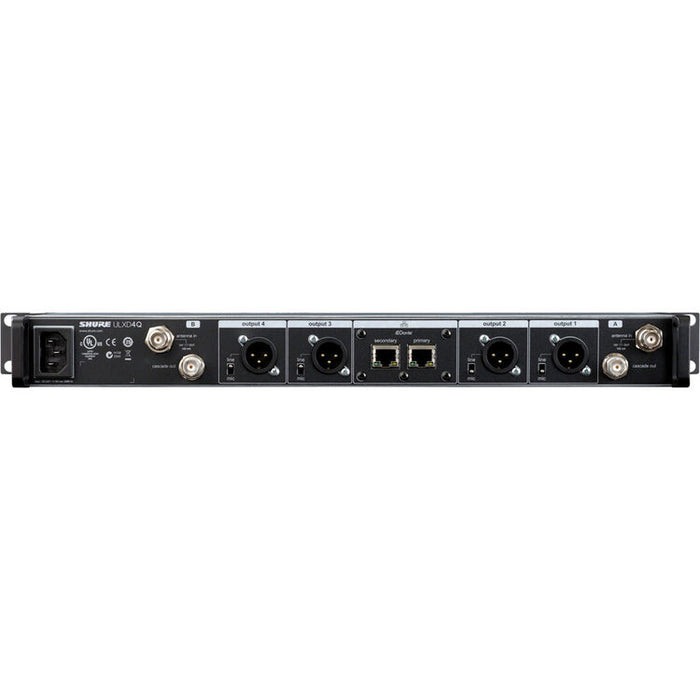 Shure ULXD4Q-G57 quad-channel digital wireless receiver with Dante networking for professional broadcast and AV systems