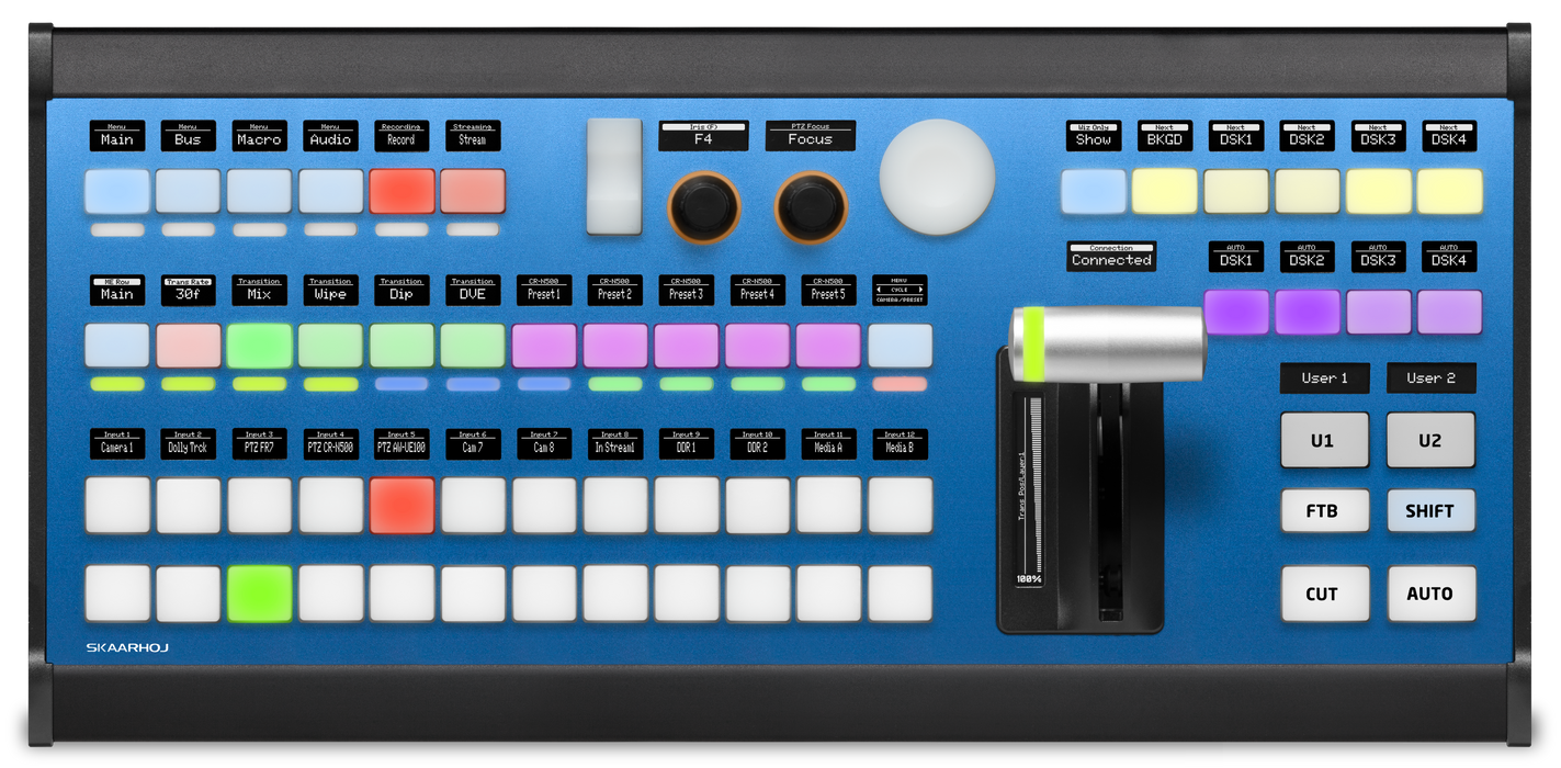 Skaarhoj AIR-FLY-PRO-V3B Broadcast Control Panel with customizable buttons and T-bar for professional video production.