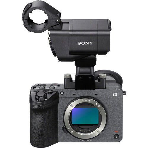 Sony FX2 cinema camera with XLR handle unit featuring full-frame sensor, 4K recording, and professional audio inputs