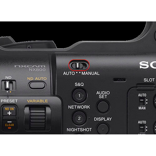 Sony HXR-NX800 4K NXCAM camcorder with 1-inch CMOS sensor, 20x zoom lens, and AI autofocus for professional video