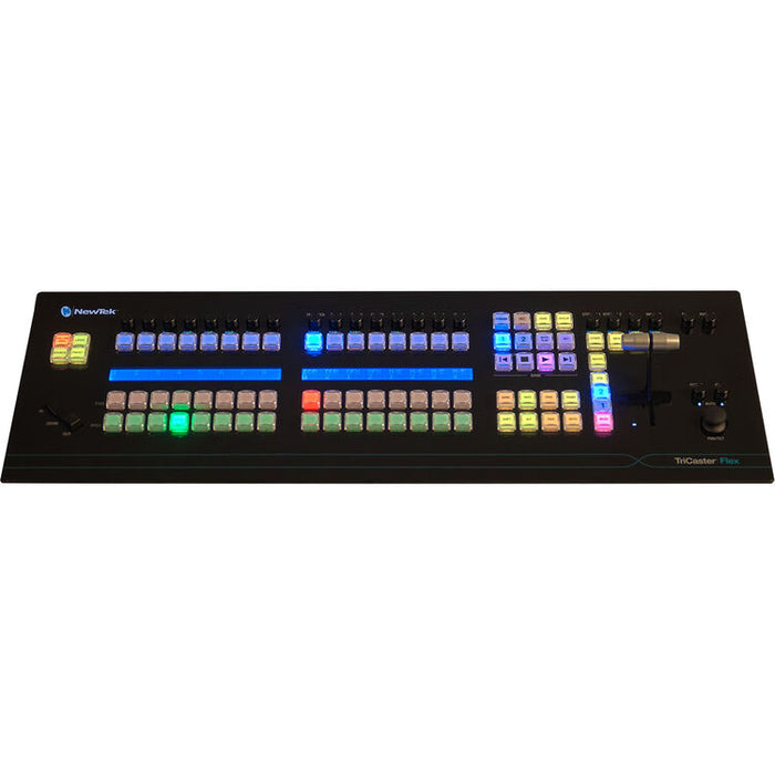 TriCaster Flex Control Panel for the TriCaster TC1, featuring a sleek, ergonomic design with a full array of illuminated buttons, rotary encoders, T-bar fader, and a precision joystick for versatile video switching, audio mixing, and live production control, optimized for professional broadcast environments.