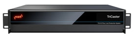 The Vizrt TriCaster TC410 Plus is a 2U rack-mounted integrated video production system designed for live and on-demand multi-platform productions. It features a sleek black chassis with a front panel displaying the TriCaster logo and ventilation grilles on the sides. The rear panel is equipped with various input and output connections, including SDI, HDMI, and network ports, facilitating versatile connectivity options. This compact unit is suitable for small to mid-sized production environments, offering pr