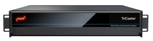 The Vizrt TriCaster TC410 Plus is a 2U rack-mounted integrated video production system designed for live and on-demand multi-platform productions. It features a sleek black chassis with a front panel displaying the TriCaster logo and ventilation grilles on the sides. The rear panel is equipped with various input and output connections, including SDI, HDMI, and network ports, facilitating versatile connectivity options. This compact unit is suitable for small to mid-sized production environments, offering pr