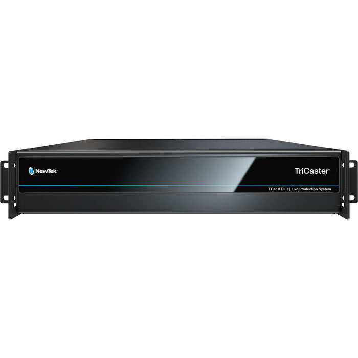 The Vizrt TriCaster TC410 Plus is a 2U rack-mounted integrated video production system designed for live and on-demand multi-platform productions. It features a sleek black chassis with a front panel displaying the TriCaster logo and ventilation grilles on the sides. The rear panel is equipped with various input and output connections, including SDI, HDMI, and network ports, facilitating versatile connectivity options. This compact unit is suitable for small to mid-sized production environments, offering pr