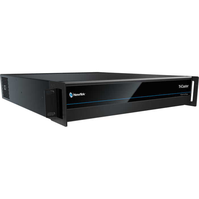 The Vizrt TriCaster TC410 Plus is a 2U rack-mounted integrated video production system designed for live and on-demand multi-platform productions. It features a sleek black chassis with a front panel displaying the TriCaster logo and ventilation grilles on the sides. The rear panel is equipped with various input and output connections, including SDI, HDMI, and network ports, facilitating versatile connectivity options. This compact unit is suitable for small to mid-sized production environments, offering pr