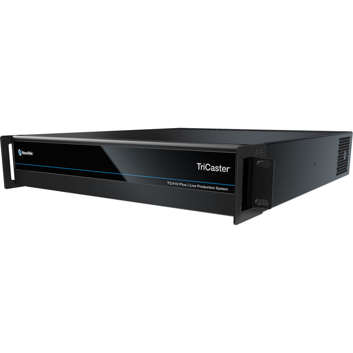 The Vizrt TriCaster TC410 Plus is a 2U rack-mounted integrated video production system designed for live and on-demand multi-platform productions. It features a sleek black chassis with a front panel displaying the TriCaster logo and ventilation grilles on the sides. The rear panel is equipped with various input and output connections, including SDI, HDMI, and network ports, facilitating versatile connectivity options. This compact unit is suitable for small to mid-sized production environments, offering pr