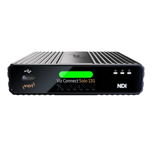Vizrt VCS12G video converter, showcasing compact and durable design with clearly visible 12G-SDI input/output ports, status indicators, and Vizrt branding, suitable for professional video production setups.