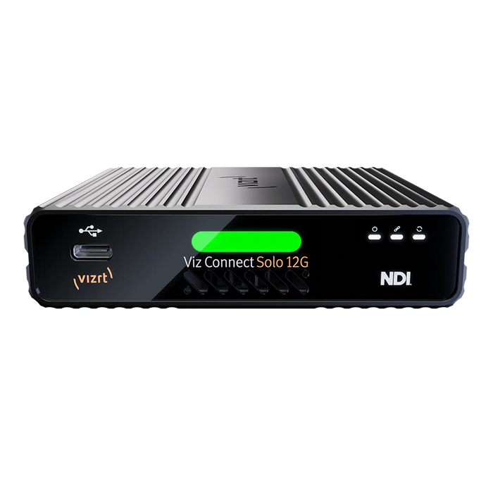 Vizrt VCS12G video converter, showcasing compact and durable design with clearly visible 12G-SDI input/output ports, status indicators, and Vizrt branding, suitable for professional video production setups.