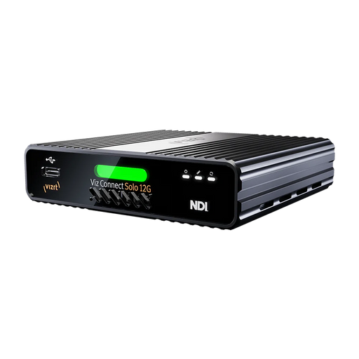 Vizrt VCS12G video converter, showcasing compact and durable design with clearly visible 12G-SDI input/output ports, status indicators, and Vizrt branding, suitable for professional video production setups.