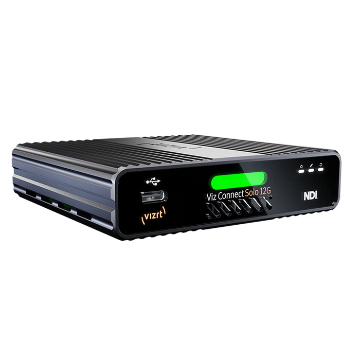 Vizrt VCS12G video converter, showcasing compact and durable design with clearly visible 12G-SDI input/output ports, status indicators, and Vizrt branding, suitable for professional video production setups.