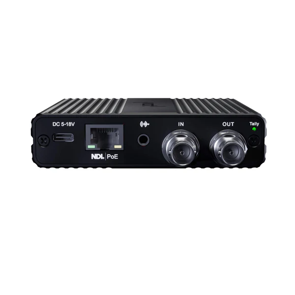 Vizrt VCS12G video converter, showcasing compact and durable design with clearly visible 12G-SDI input/output ports, status indicators, and Vizrt branding, suitable for professional video production setups.
