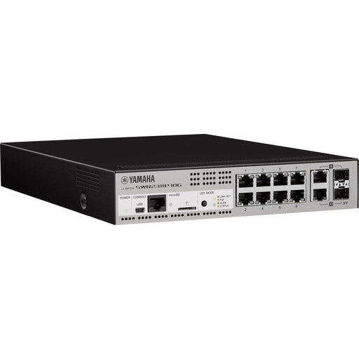 Yamaha SWR2311P-10G managed Gigabit network switch with 10 ports, PoE+ support, and Dante optimization for professional audio networking.
