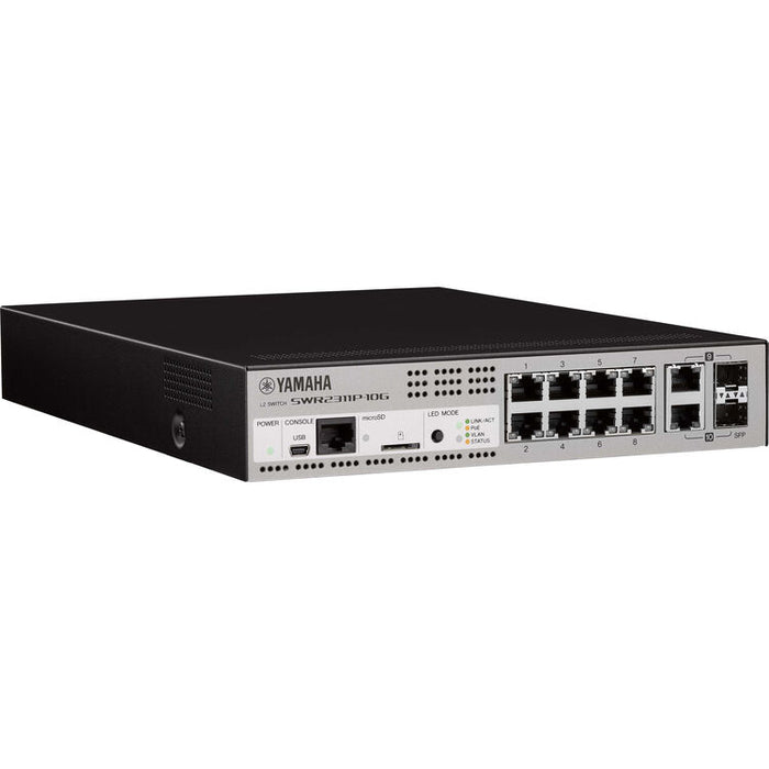 Yamaha SWR2311P-10G managed Gigabit network switch with 10 ports, PoE+ support, and Dante optimization for professional audio networking.