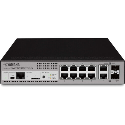 Yamaha SWR2311P-10G managed Gigabit network switch with 10 ports, PoE+ support, and Dante optimization for professional audio networking.