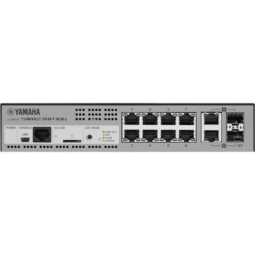 Yamaha SWR2311P-10G managed Gigabit network switch with 10 ports, PoE+ support, and Dante optimization for professional audio networking.