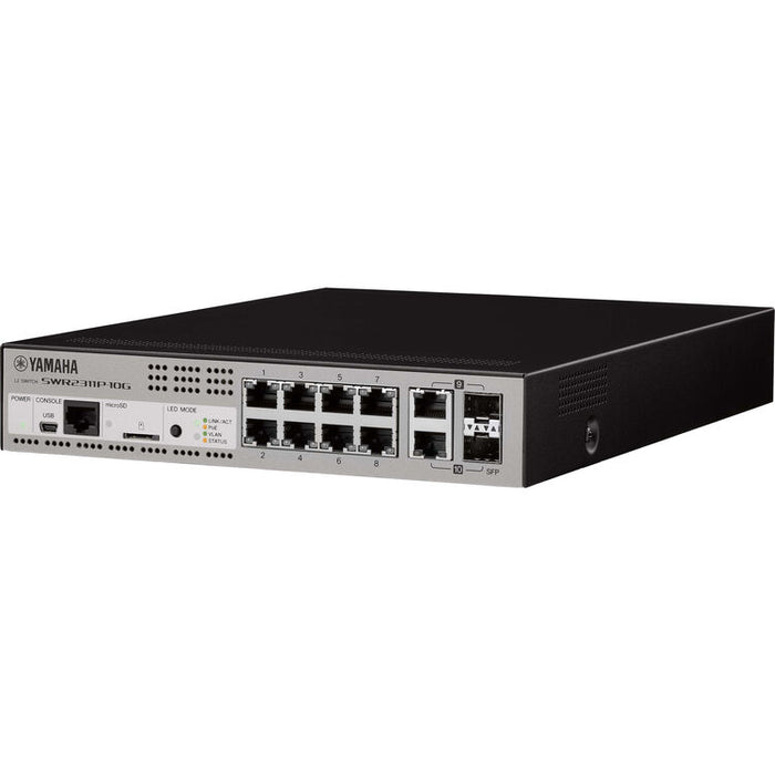 Yamaha SWR2311P-10G managed Gigabit network switch with 10 ports, PoE+ support, and Dante optimization for professional audio networking.