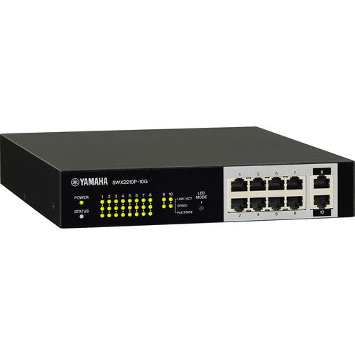 Yamaha SWX2210P-10G smart Layer 2 switch with PoE+ support and Dante optimization for professional audio and AV networks.