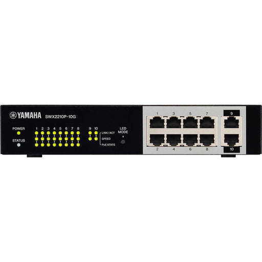 Yamaha SWX2210P-10G smart Layer 2 switch with PoE+ support and Dante optimization for professional audio and AV networks.