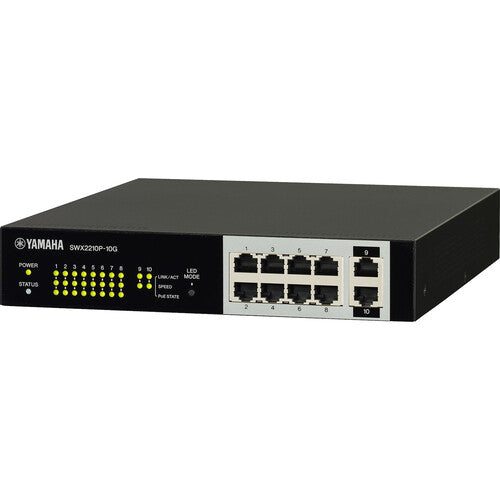 Yamaha SWX2210P-10G smart Layer 2 switch with PoE+ support and Dante optimization for professional audio and AV networks.