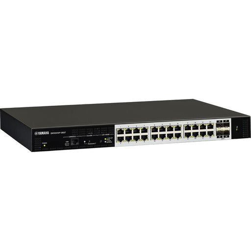 Yamaha SWX2310P-28GT Layer 2 intelligent managed switch with 24 ports, PoE support, and Dante optimization for professional audio networks.