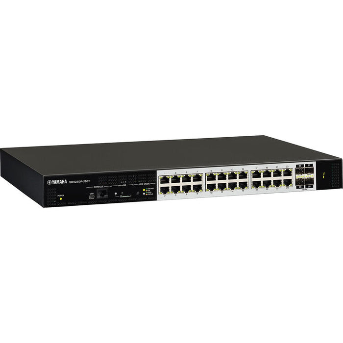 Yamaha SWX2310P-28GT Layer 2 intelligent managed switch with 24 ports, PoE support, and Dante optimization for professional audio networks.