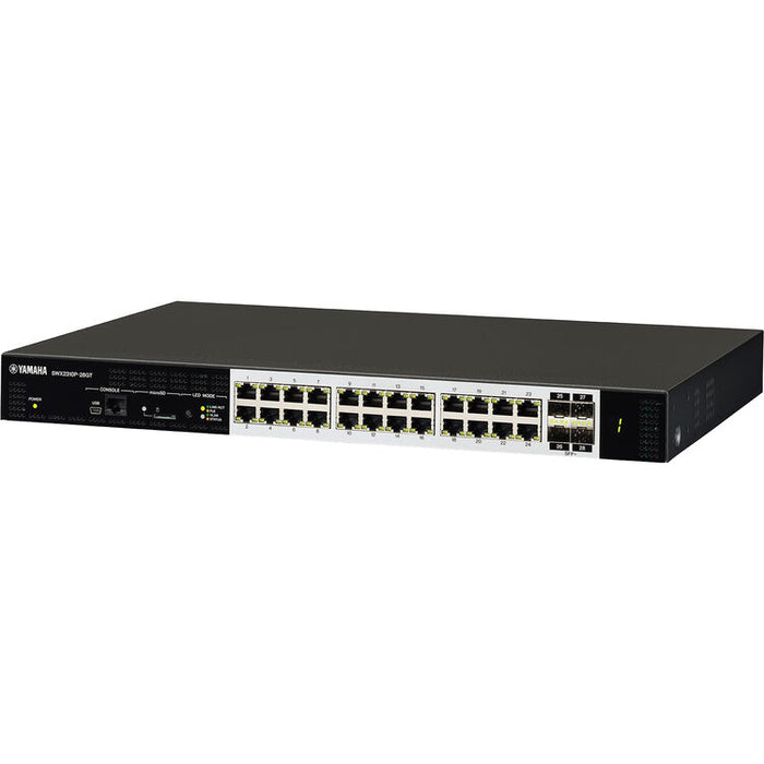 Yamaha SWX2310P-28GT Layer 2 intelligent managed switch with 24 ports, PoE support, and Dante optimization for professional audio networks.