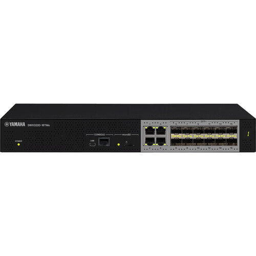 Yamaha SWX3220-16TMs Layer 2 intelligent network switch with PoE support, 4 ports, and 12 expansion slots for AV and enterprise networking.