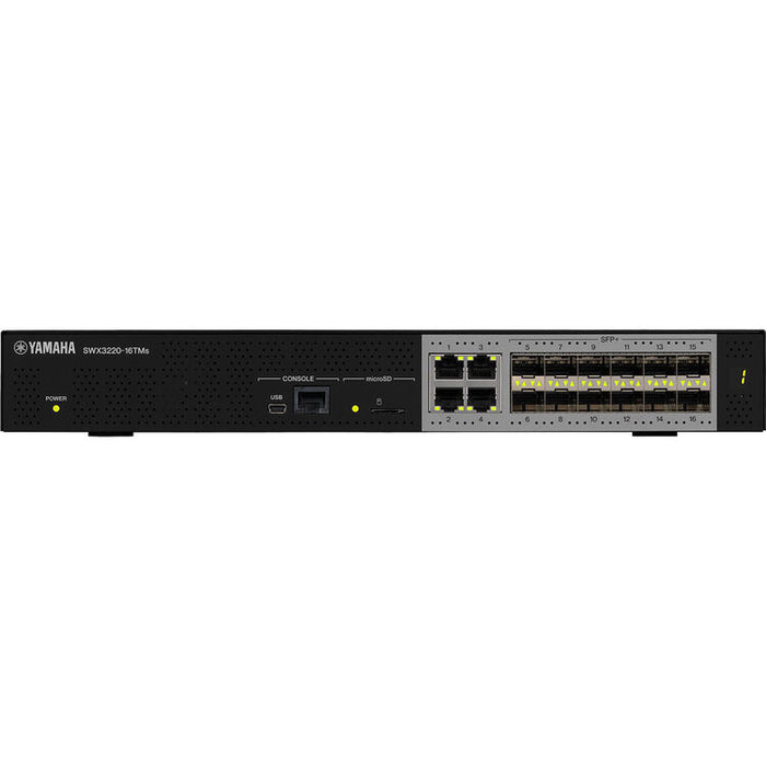 Yamaha SWX3220-16TMs Layer 2 intelligent network switch with PoE support, 4 ports, and 12 expansion slots for AV and enterprise networking.