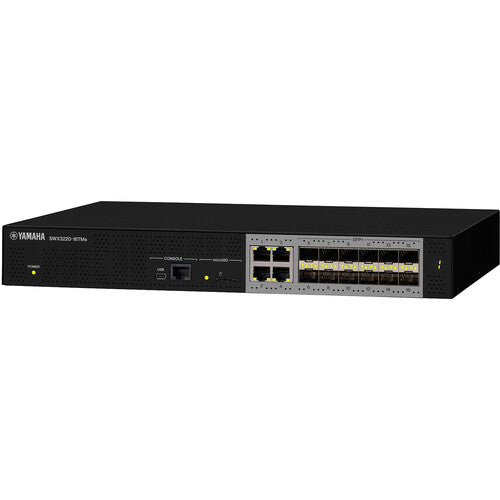Yamaha SWX3220-16TMs Layer 2 intelligent network switch with PoE support, 4 ports, and 12 expansion slots for AV and enterprise networking.